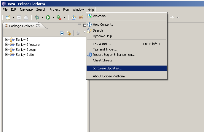Eclipse screenshot showing Software Update menu.
