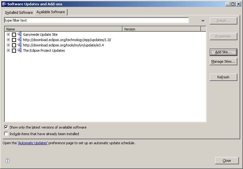 Eclipse screenshot showing Available Software tab.