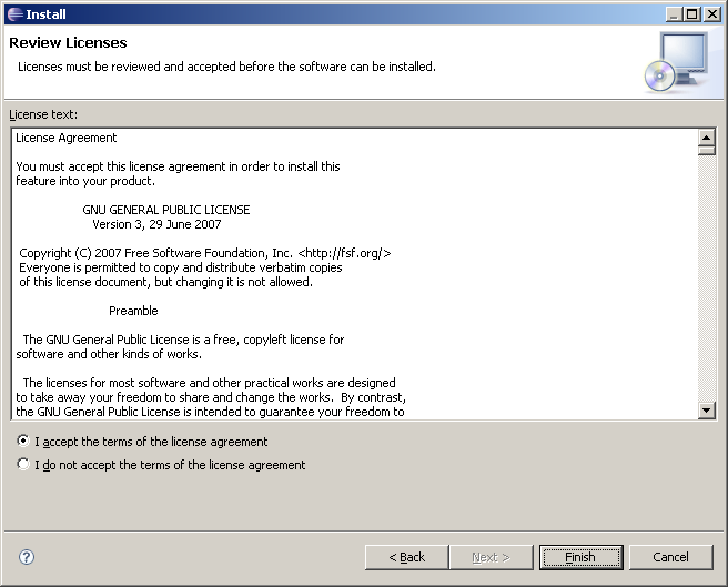 Eclipse screenshot showing the license agreement before installing the plugin.