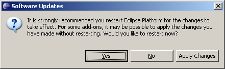 Eclipse screenshot showing the restart prompt after installing the plugin.